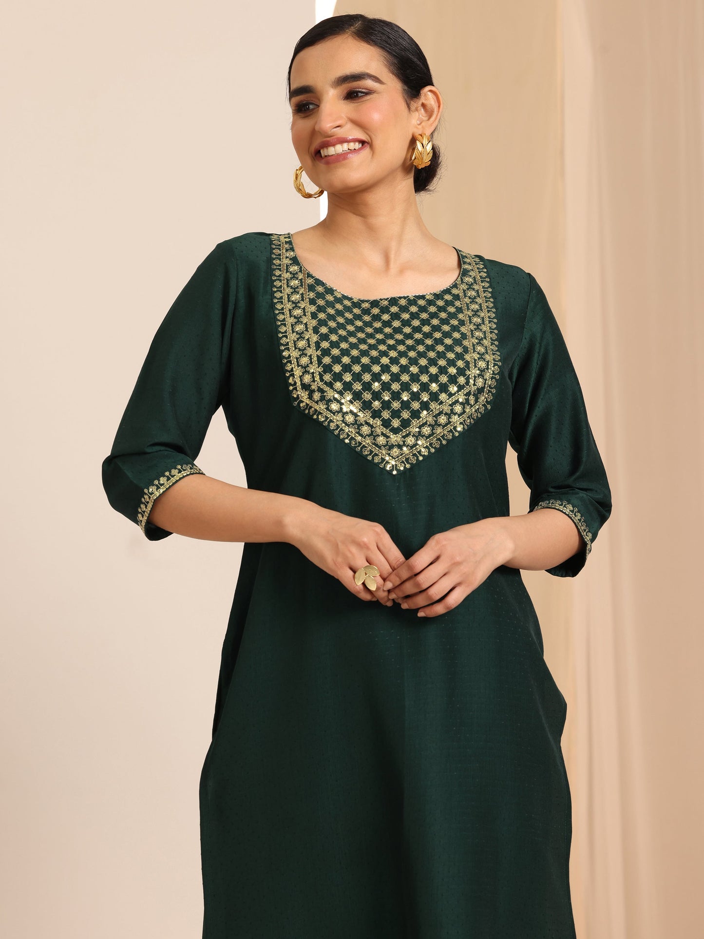 Bottle Green Yoke Design Silk Blend Straight Suit Set With Dupatta