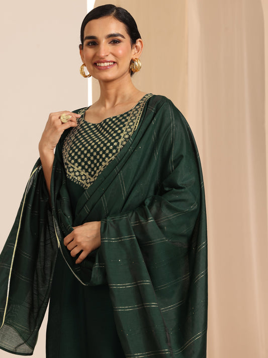 Bottle Green Yoke Design Silk Blend Straight Suit Set With Dupatta