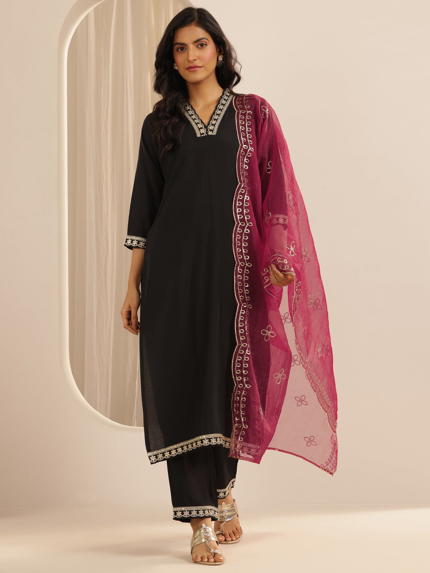 Black Solid Silk blend Straight Suit Set With Dupatta