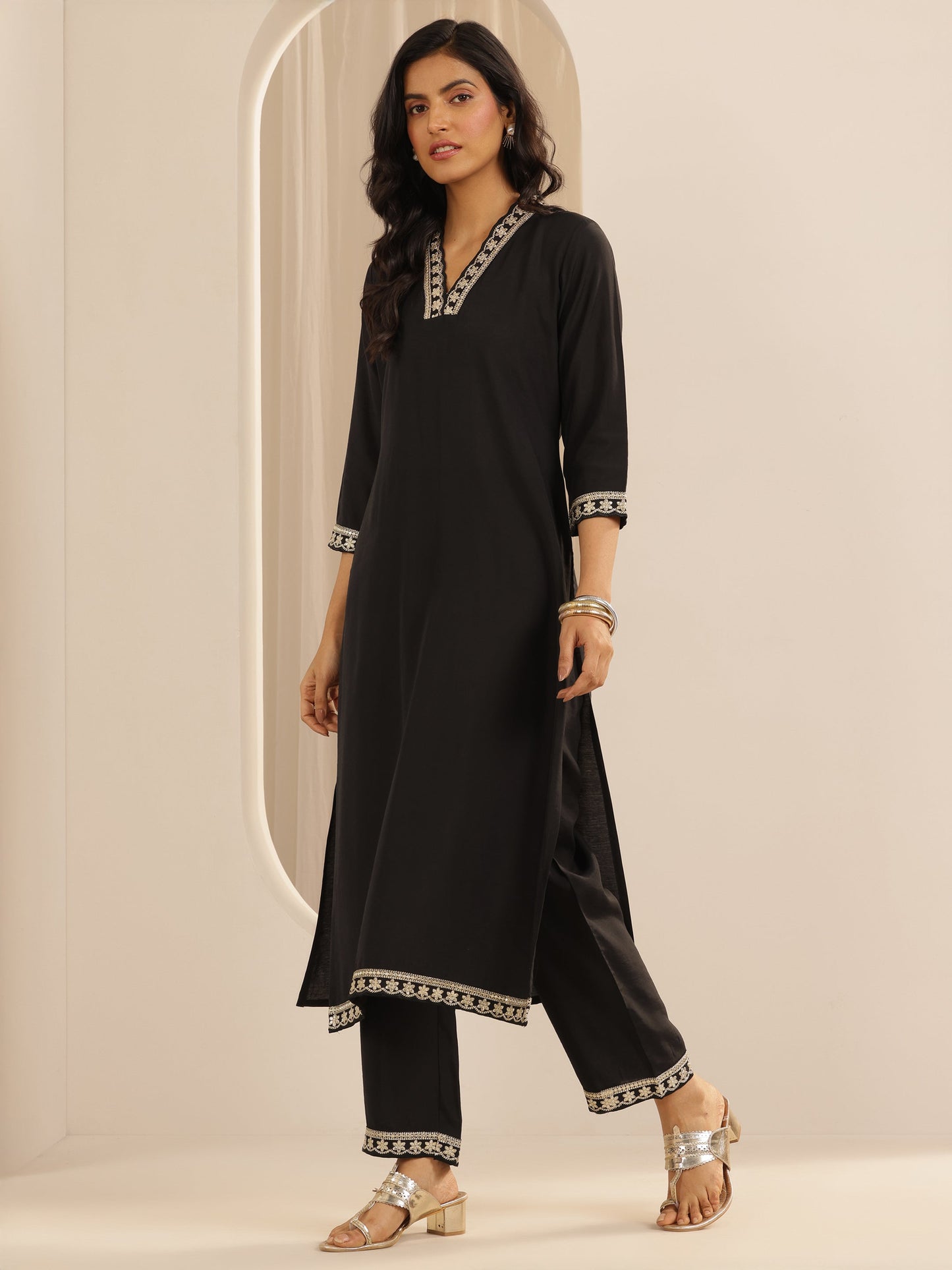 Black Solid Silk blend Straight Suit Set With Dupatta