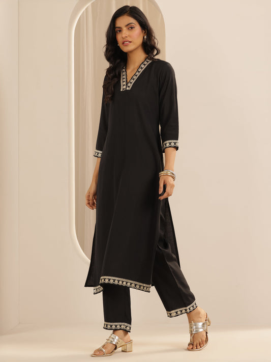 Black Solid Silk blend Straight Suit Set With Dupatta