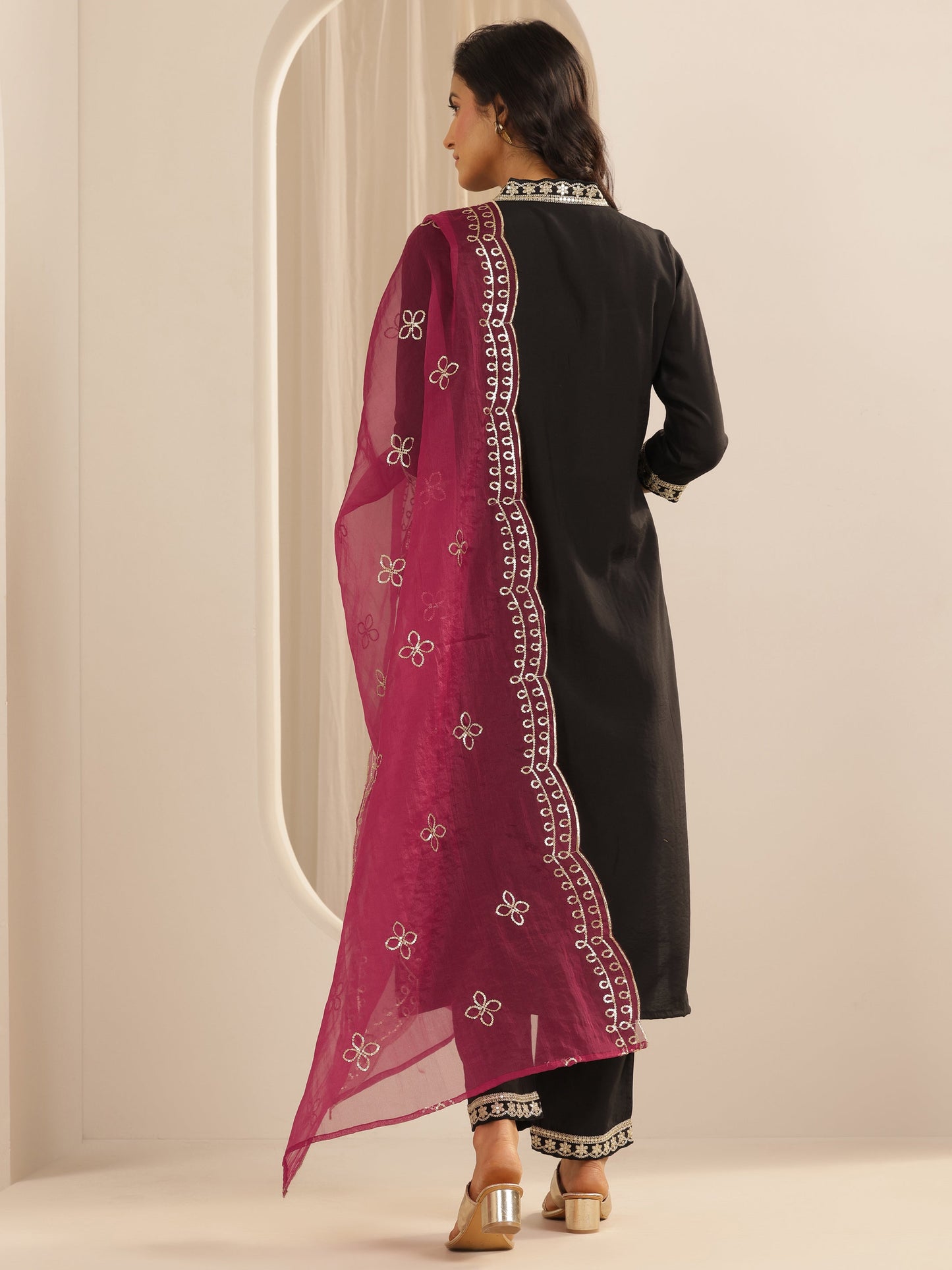 Black Solid Silk blend Straight Suit Set With Dupatta