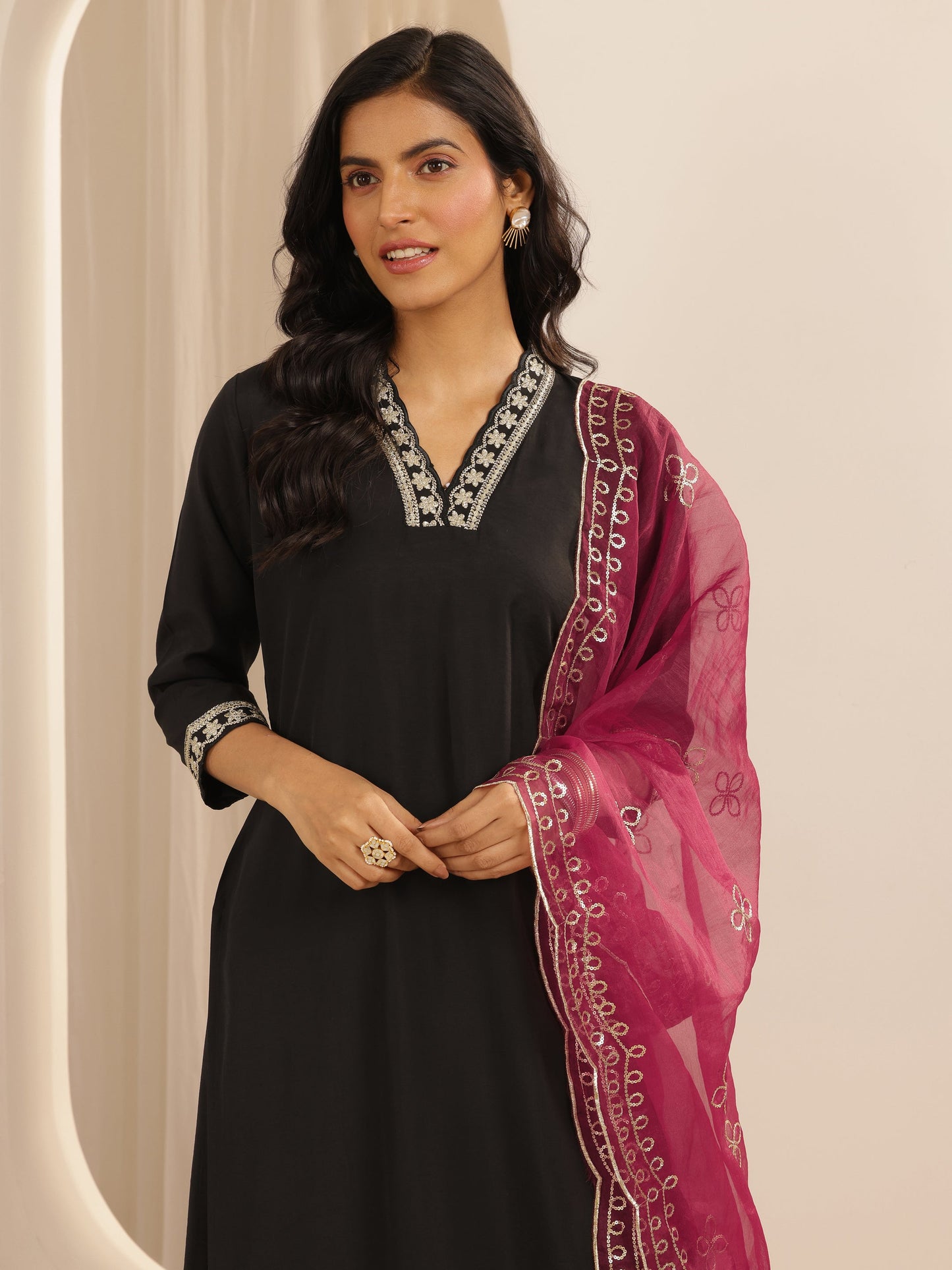 Black Solid Silk blend Straight Suit Set With Dupatta