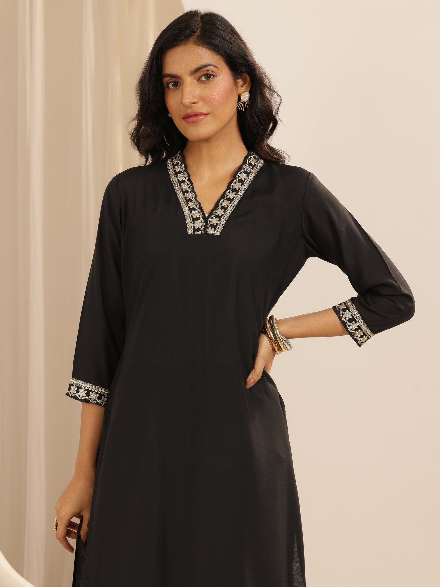 Black Solid Silk blend Straight Suit Set With Dupatta