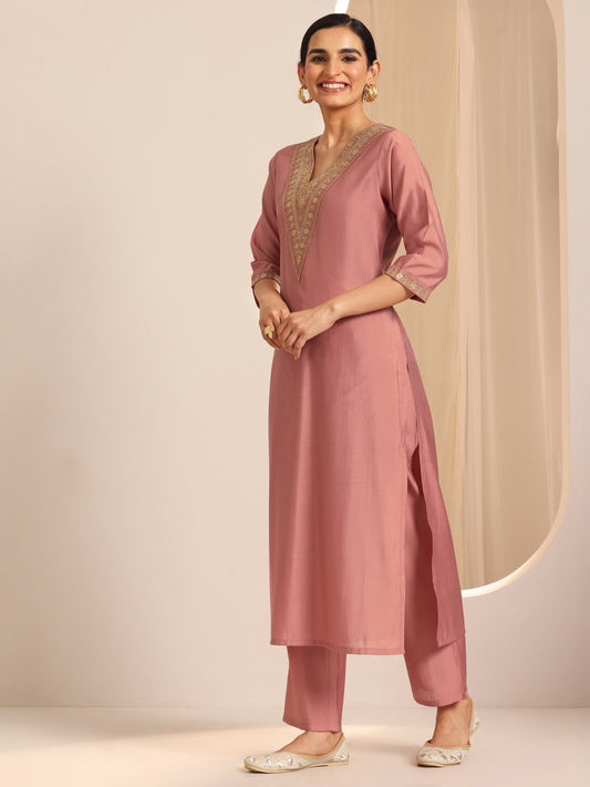 Peach Solid Silk Blend Straight Kurta Set