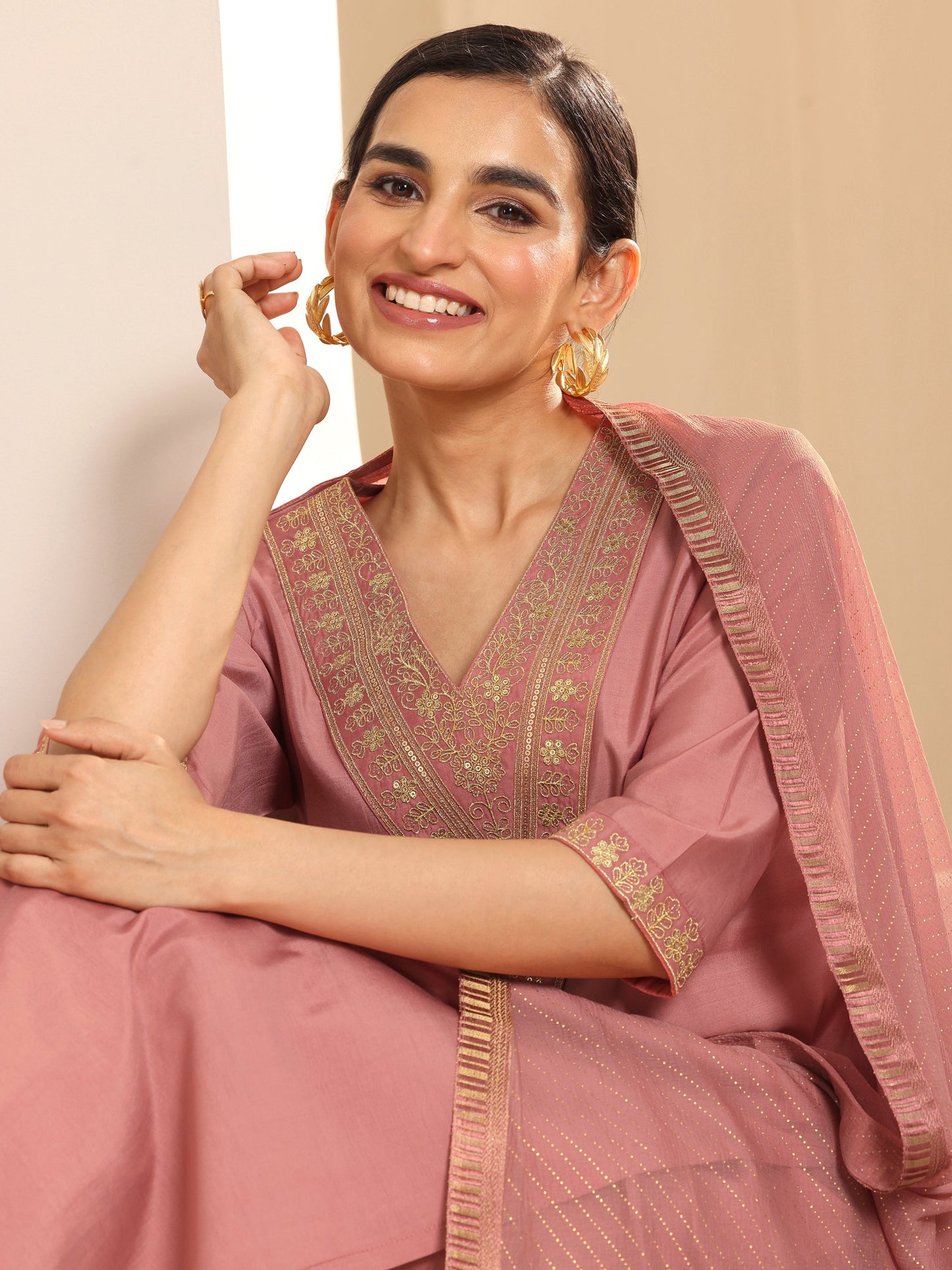 Peach Solid Silk Blend Straight Kurta Set