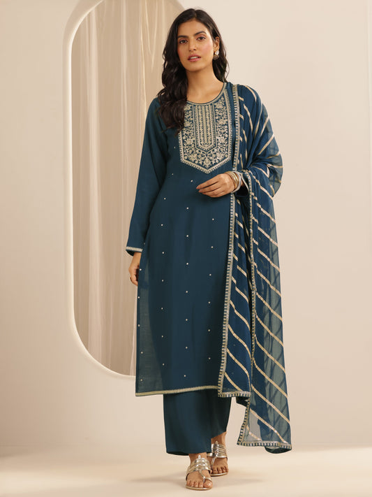 Teal Yoke Design Silk blend Straight Suit Set With Dupatta
