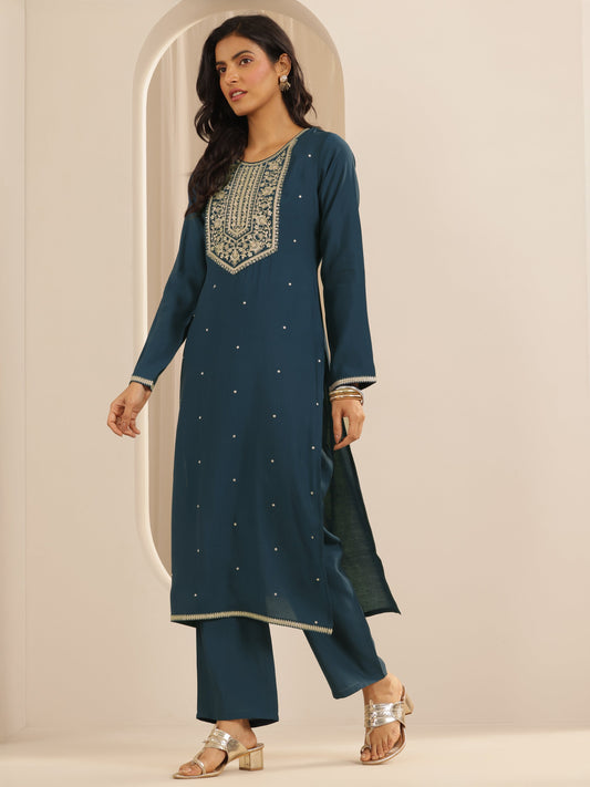 Teal Yoke Design Silk blend Straight Suit Set With Dupatta