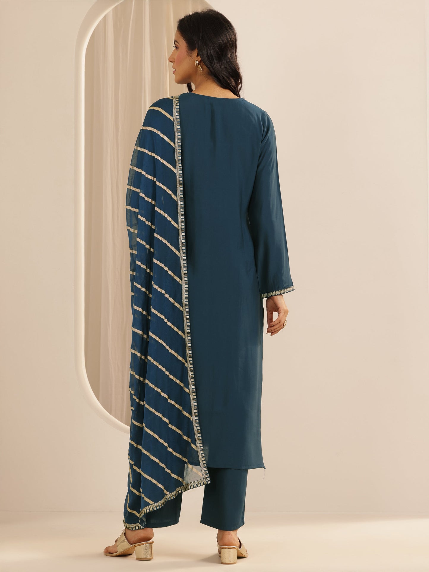 Teal Yoke Design Silk blend Straight Suit Set With Dupatta