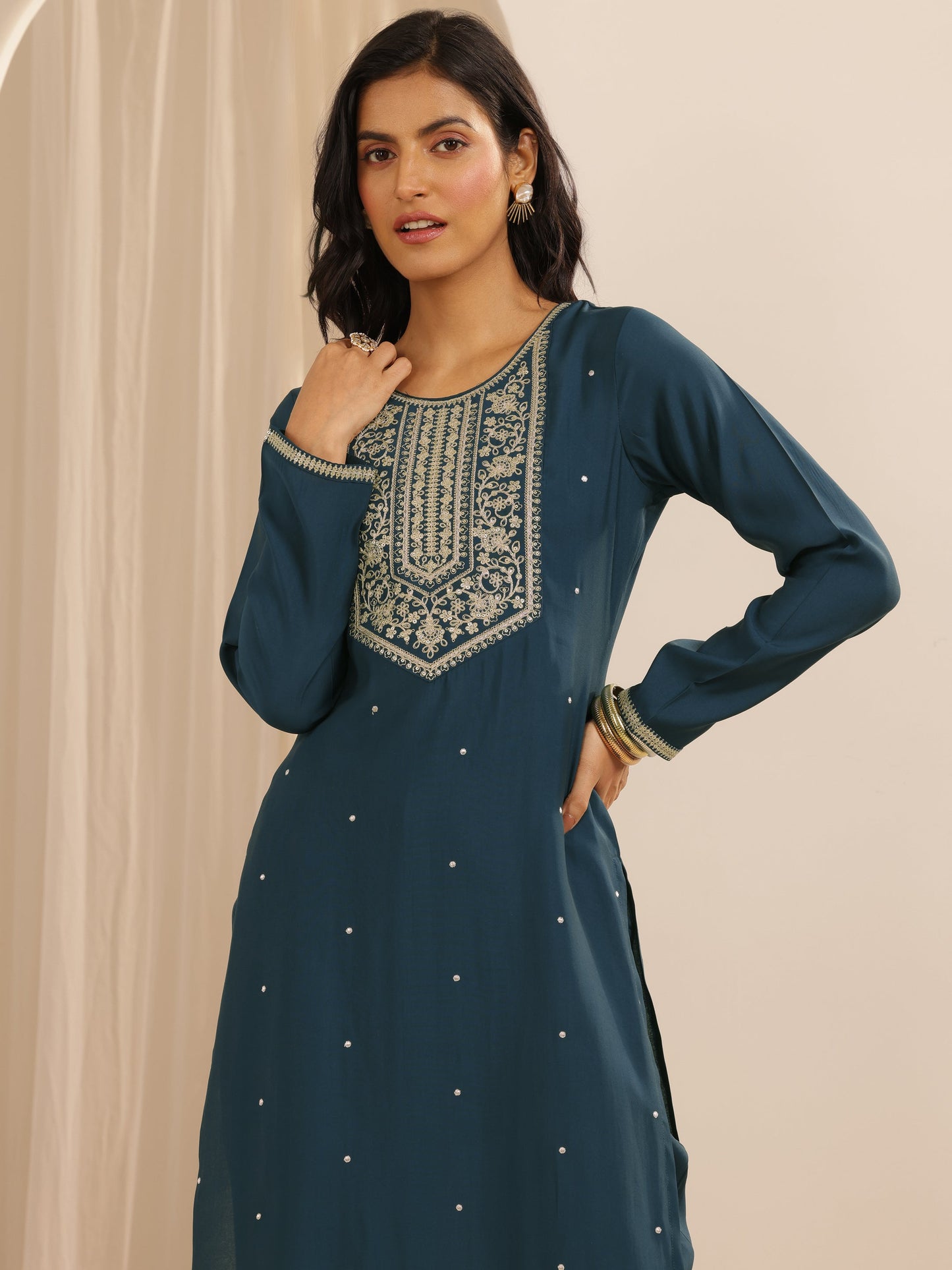 Teal Yoke Design Silk blend Straight Suit Set With Dupatta