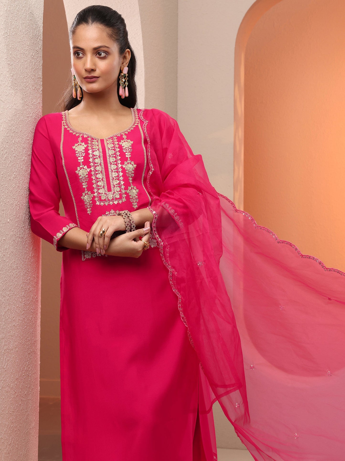 Pink Embroidered Silk Blend Straight Suit Set With Dupatta