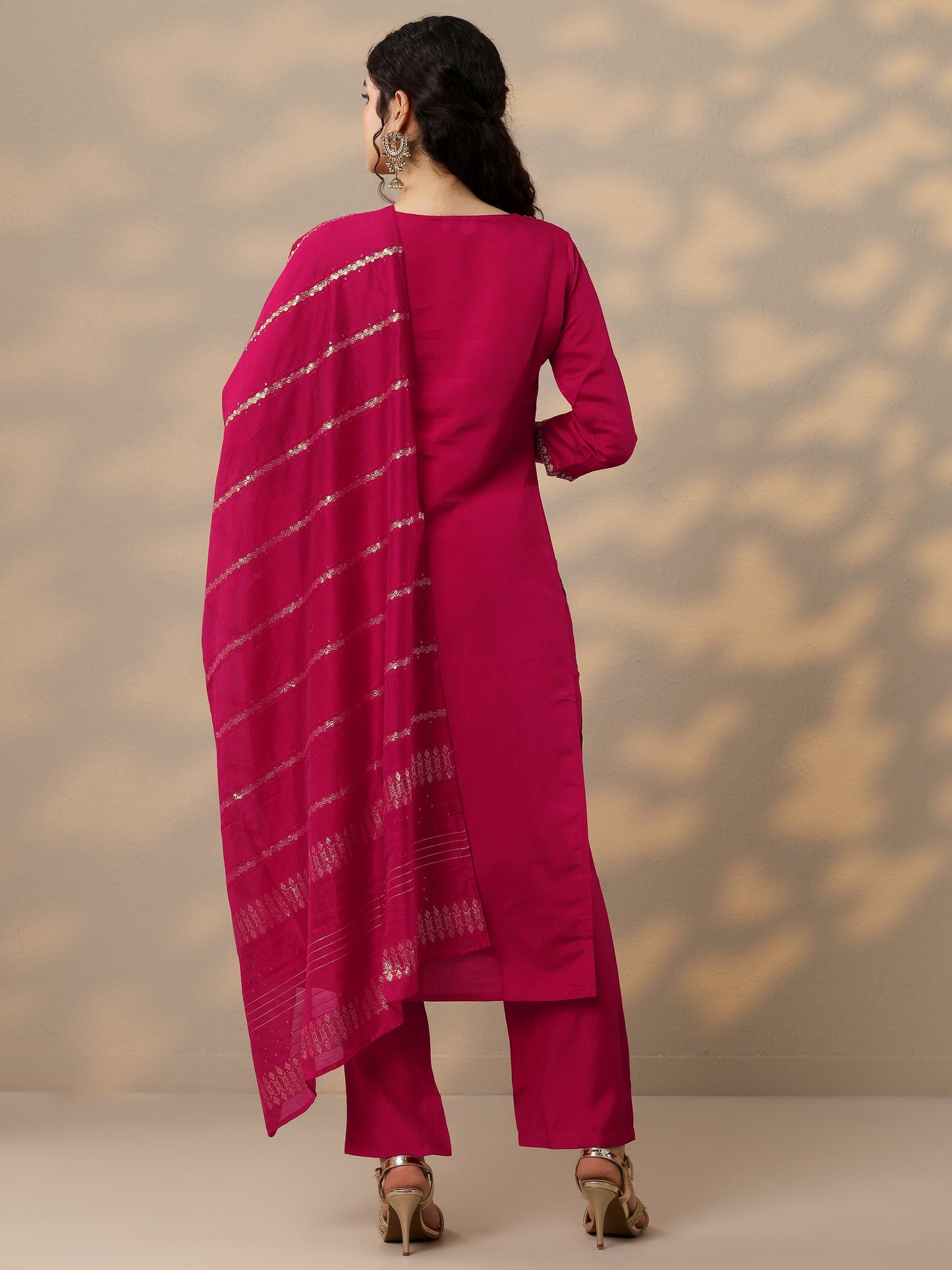 Pink Embroidered Silk Blend Straight Suit Set With Dupatta