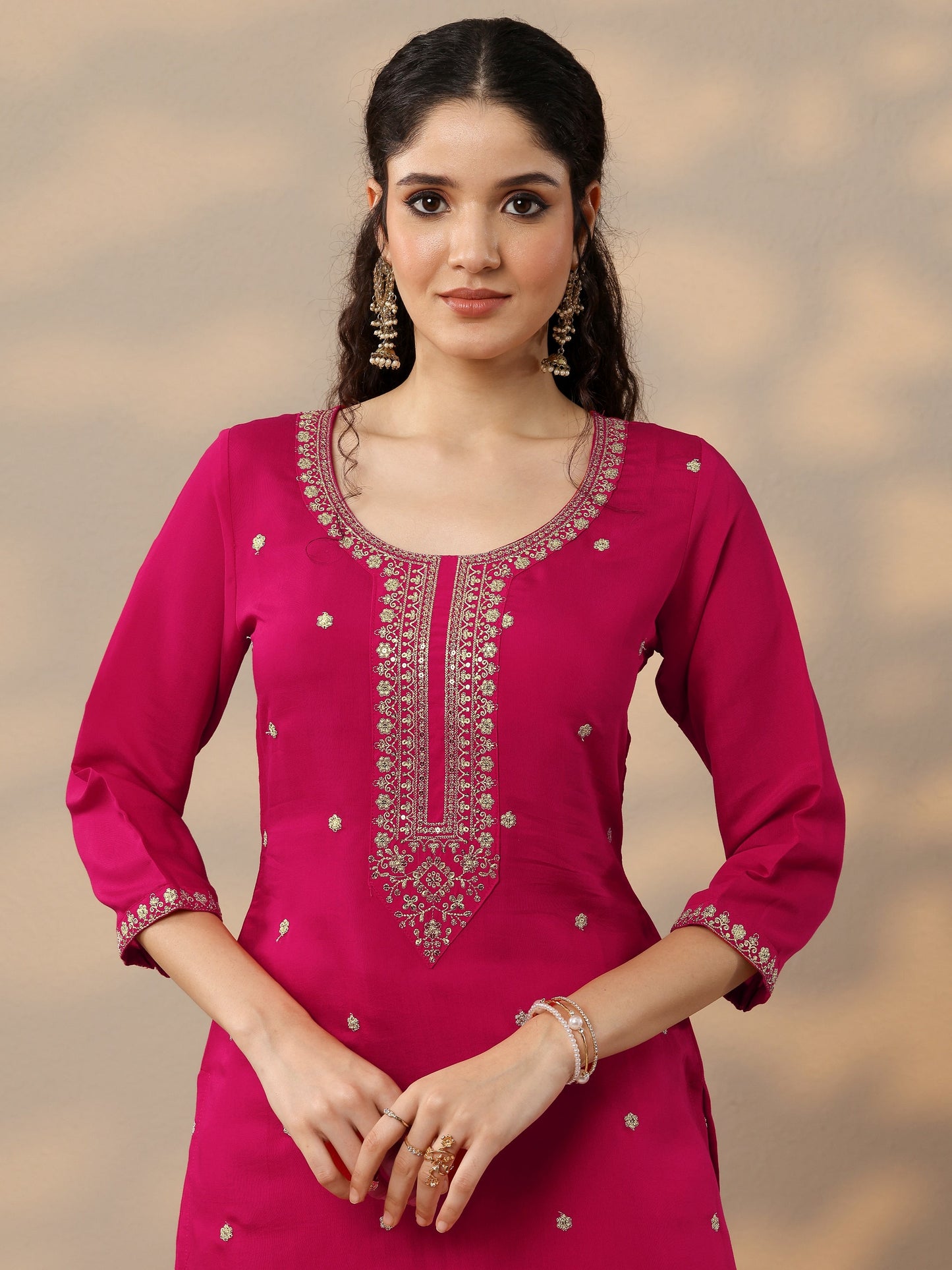 Pink Embroidered Silk Blend Straight Suit Set With Dupatta