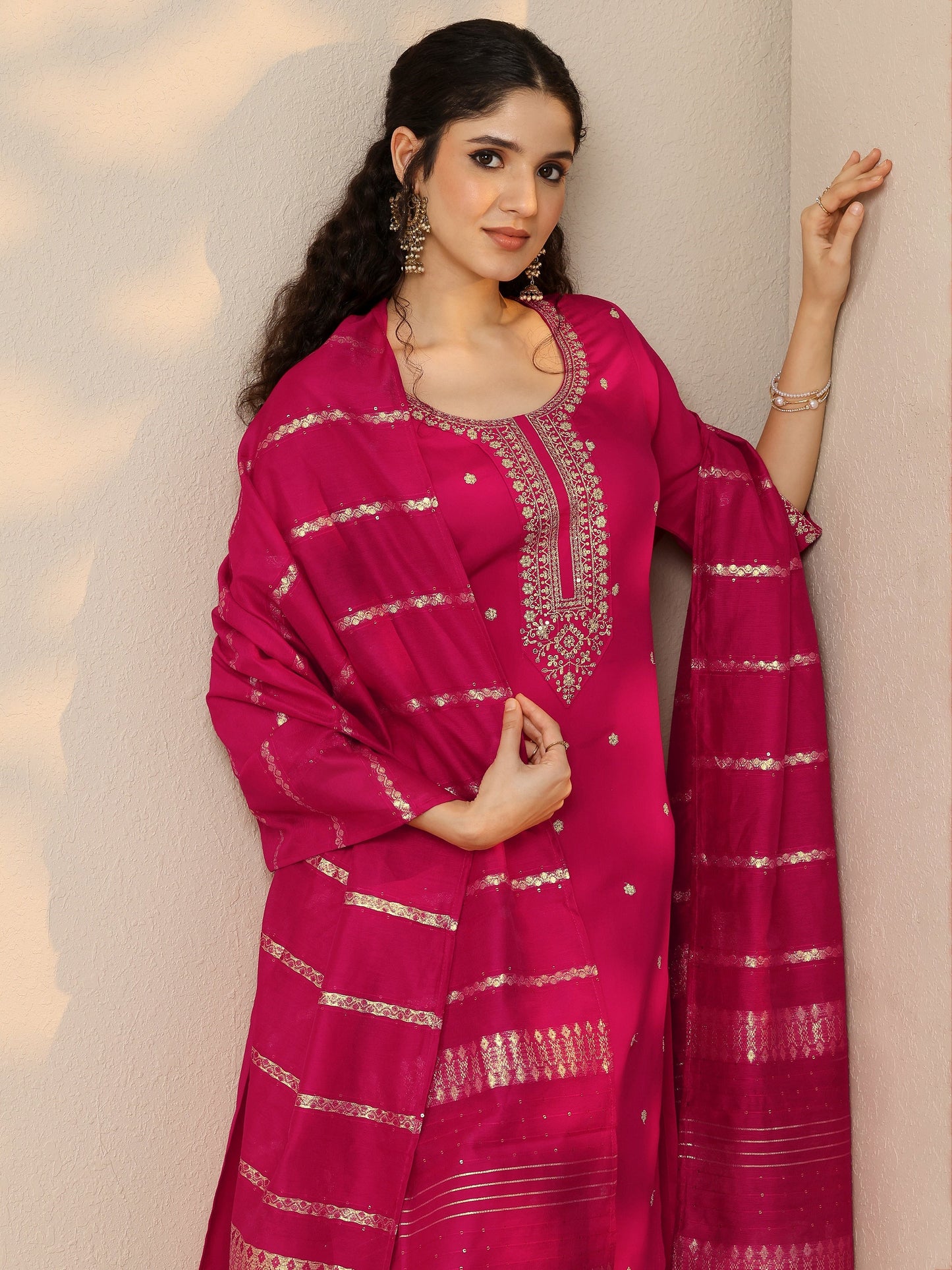 Pink Embroidered Silk Blend Straight Suit Set With Dupatta