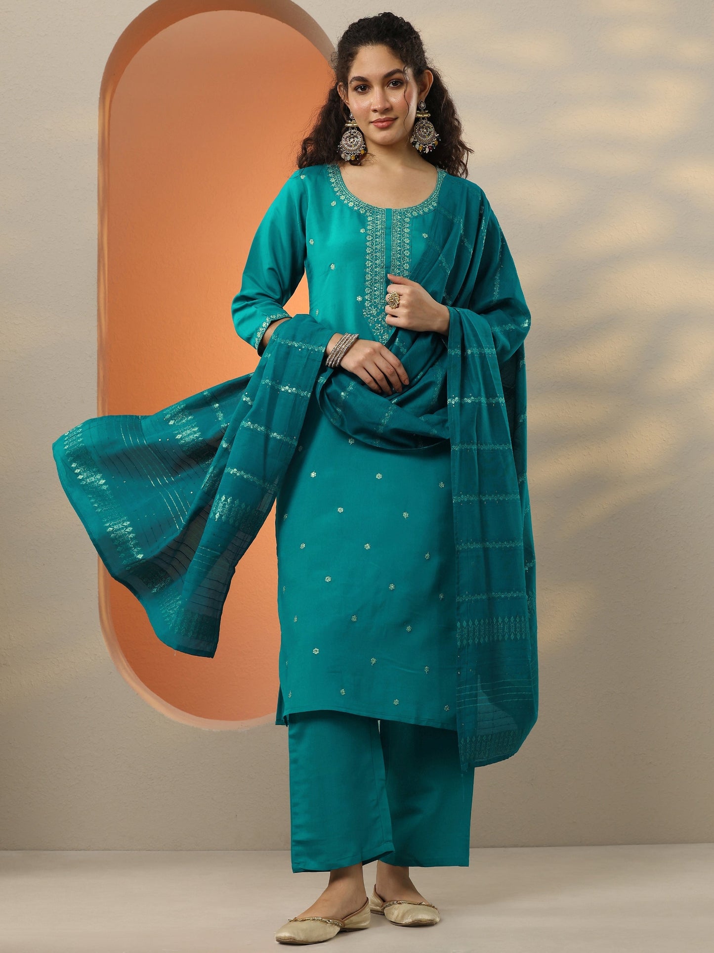 Teal Embroidered Silk Blend  Straight Suit Set With Dupatta