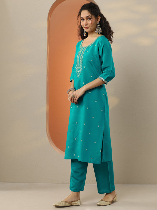 Teal Embroidered Silk Blend  Straight Suit Set With Dupatta