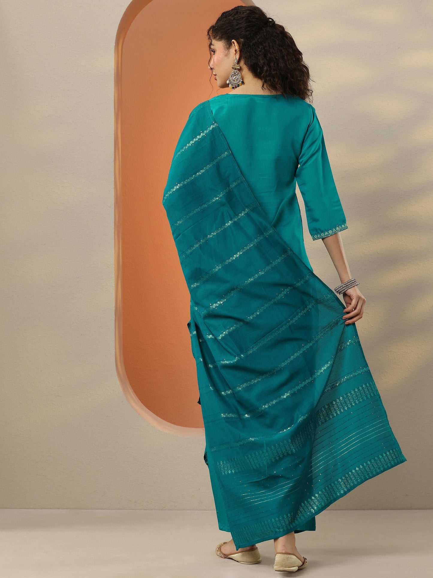 Teal Embroidered Silk Blend  Straight Suit Set With Dupatta