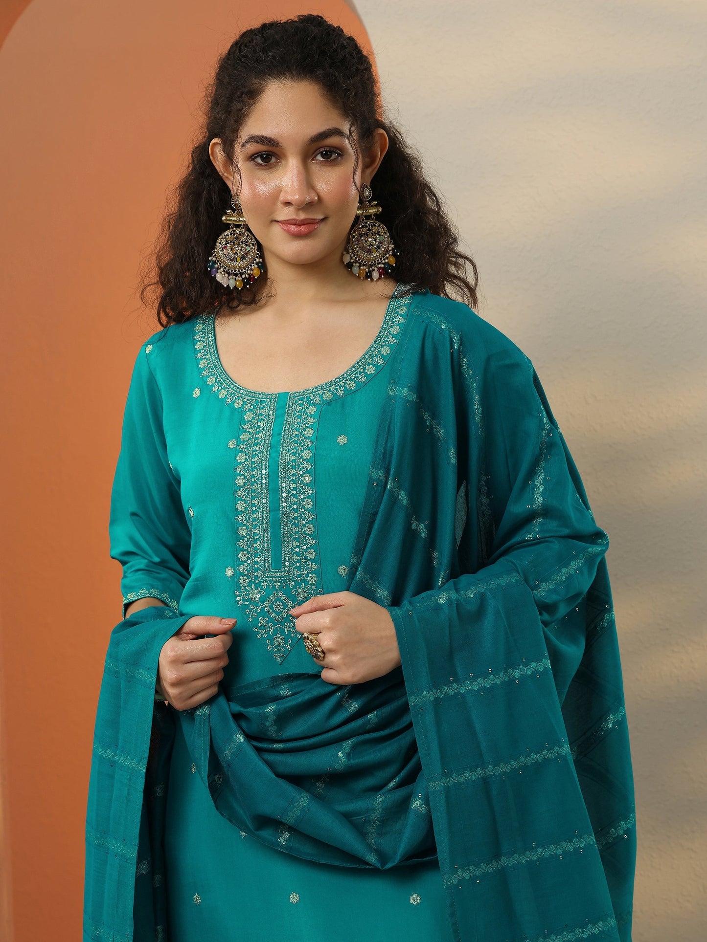 Teal Embroidered Silk Blend  Straight Suit Set With Dupatta