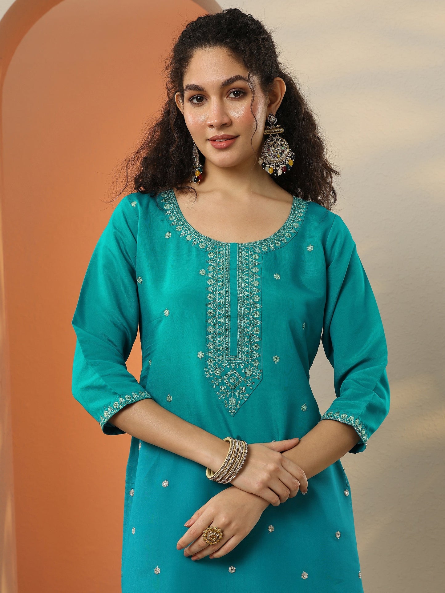 Teal Embroidered Silk Blend  Straight Suit Set With Dupatta