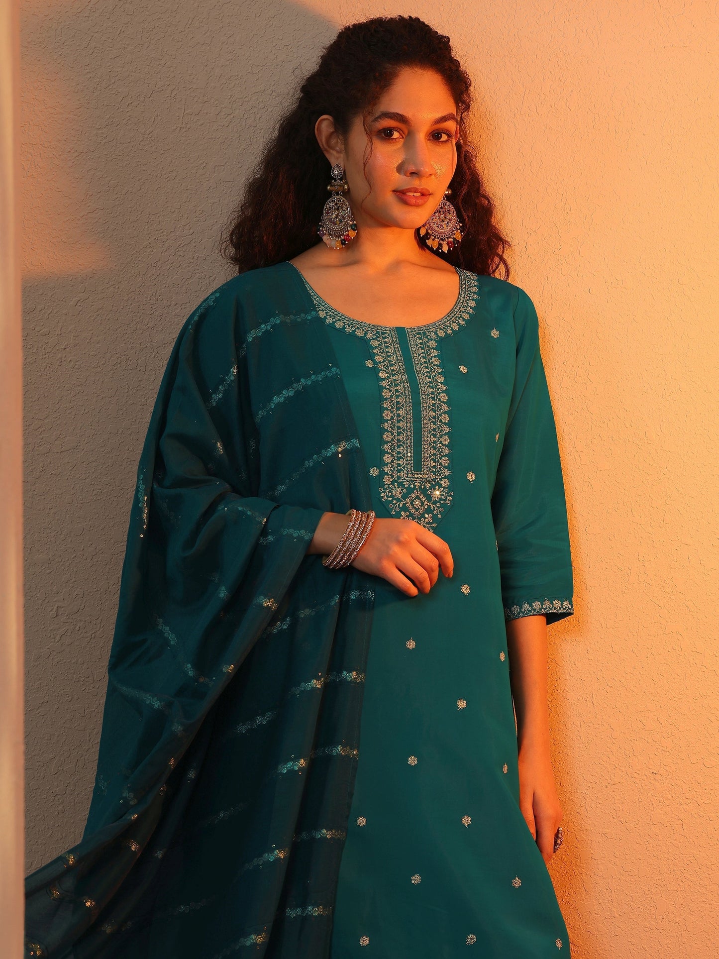 Teal Embroidered Silk Blend  Straight Suit Set With Dupatta