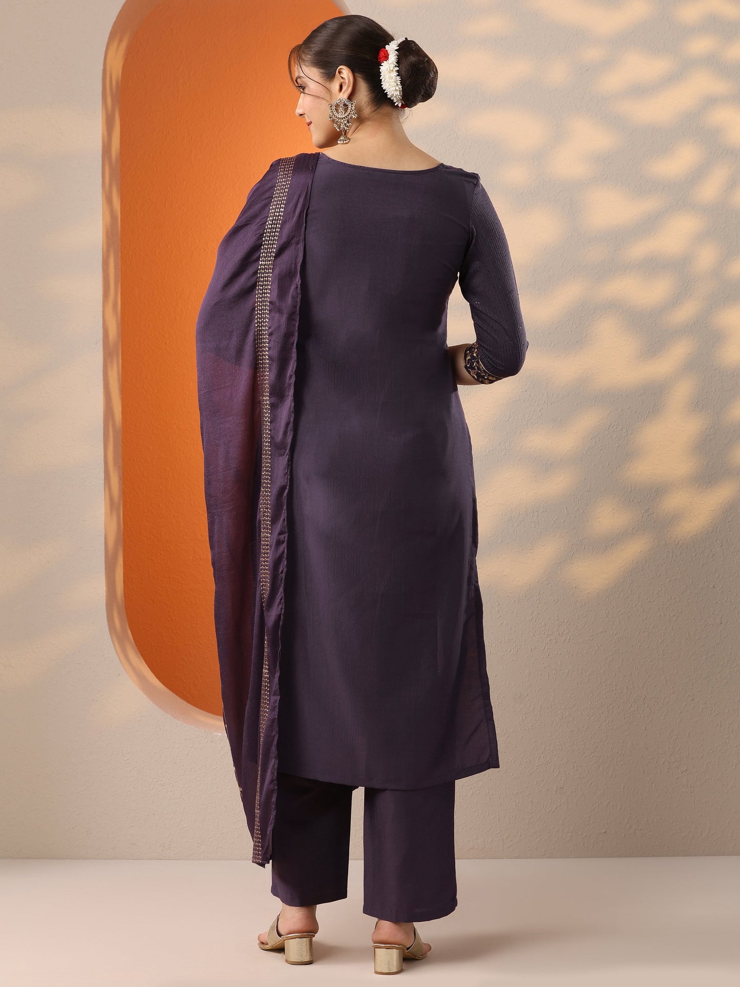 Purple Embroidered Silk Blend Straight Suit Set With Dupatta