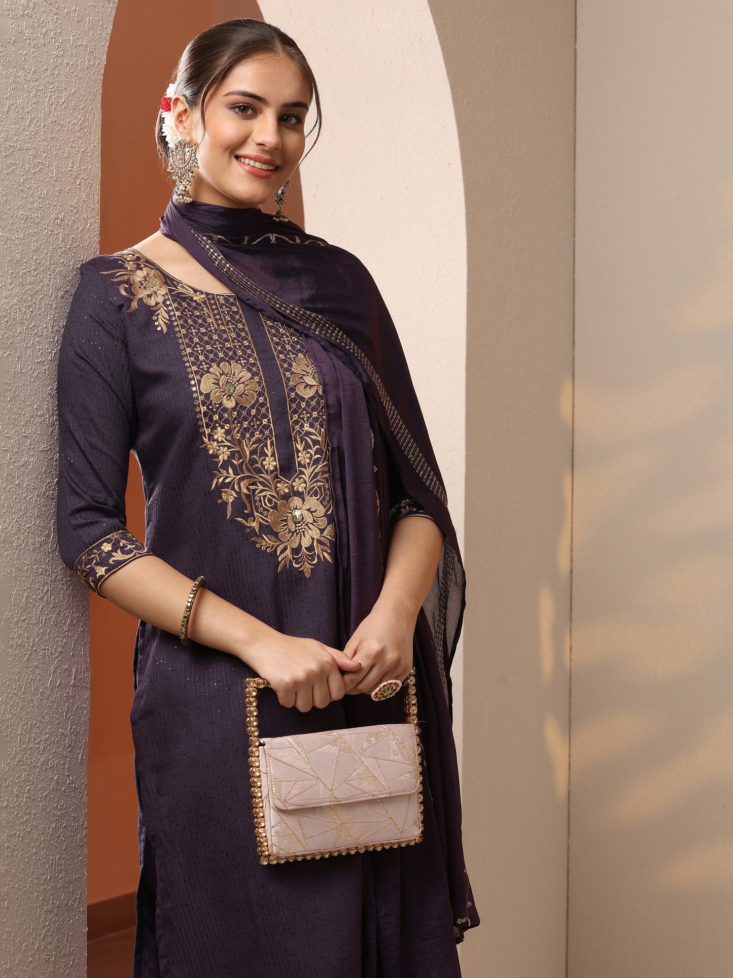 Purple Embroidered Silk Blend Straight Suit Set With Dupatta