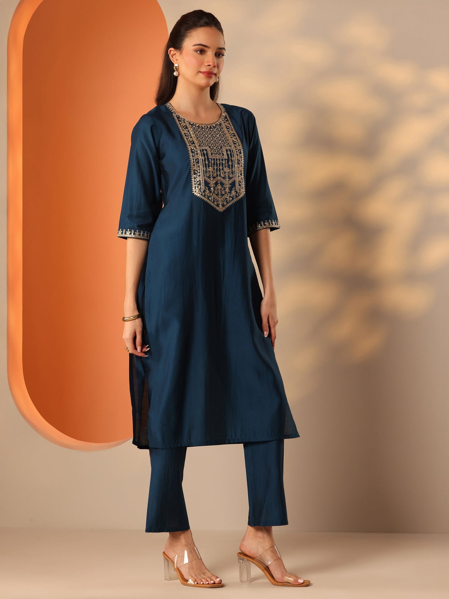 Blue Embroidered Silk Blend Straight Suit Set With Dupatta