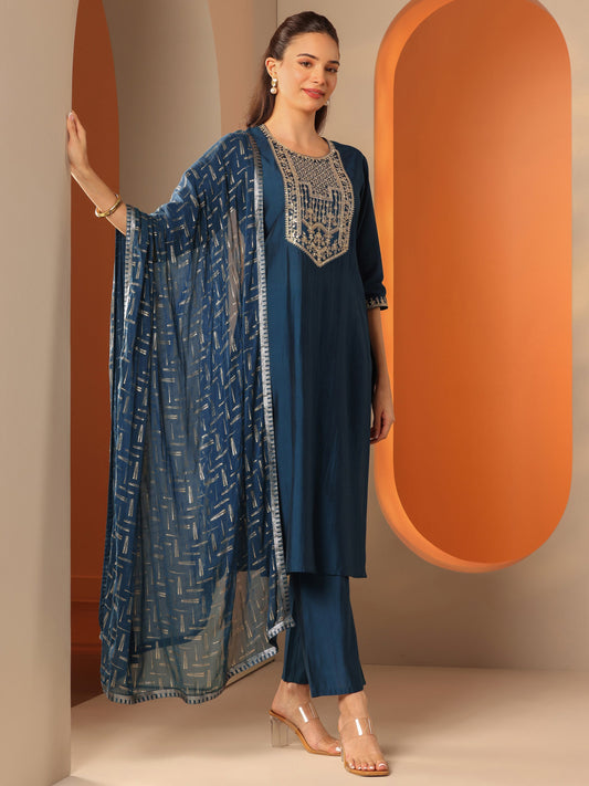 Blue Embroidered Silk Blend Straight Suit Set With Dupatta