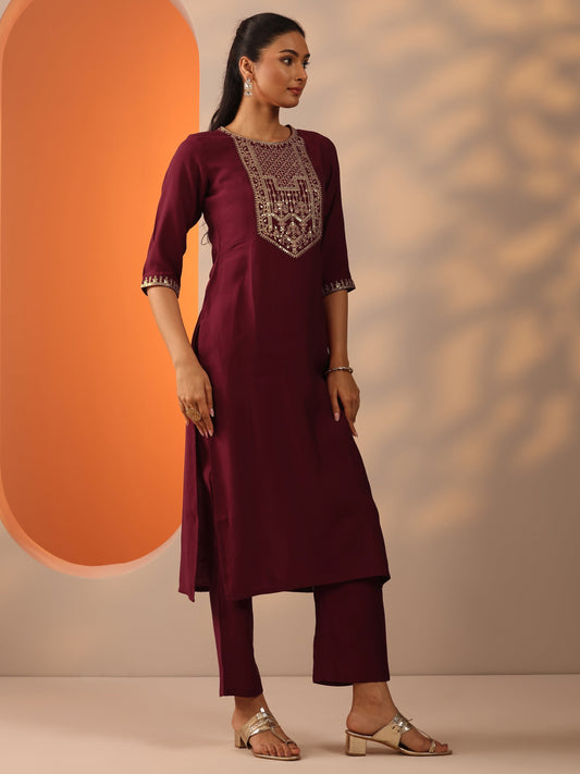 Maroon Printed Silk Blend Straight Suit Set With Dupatta