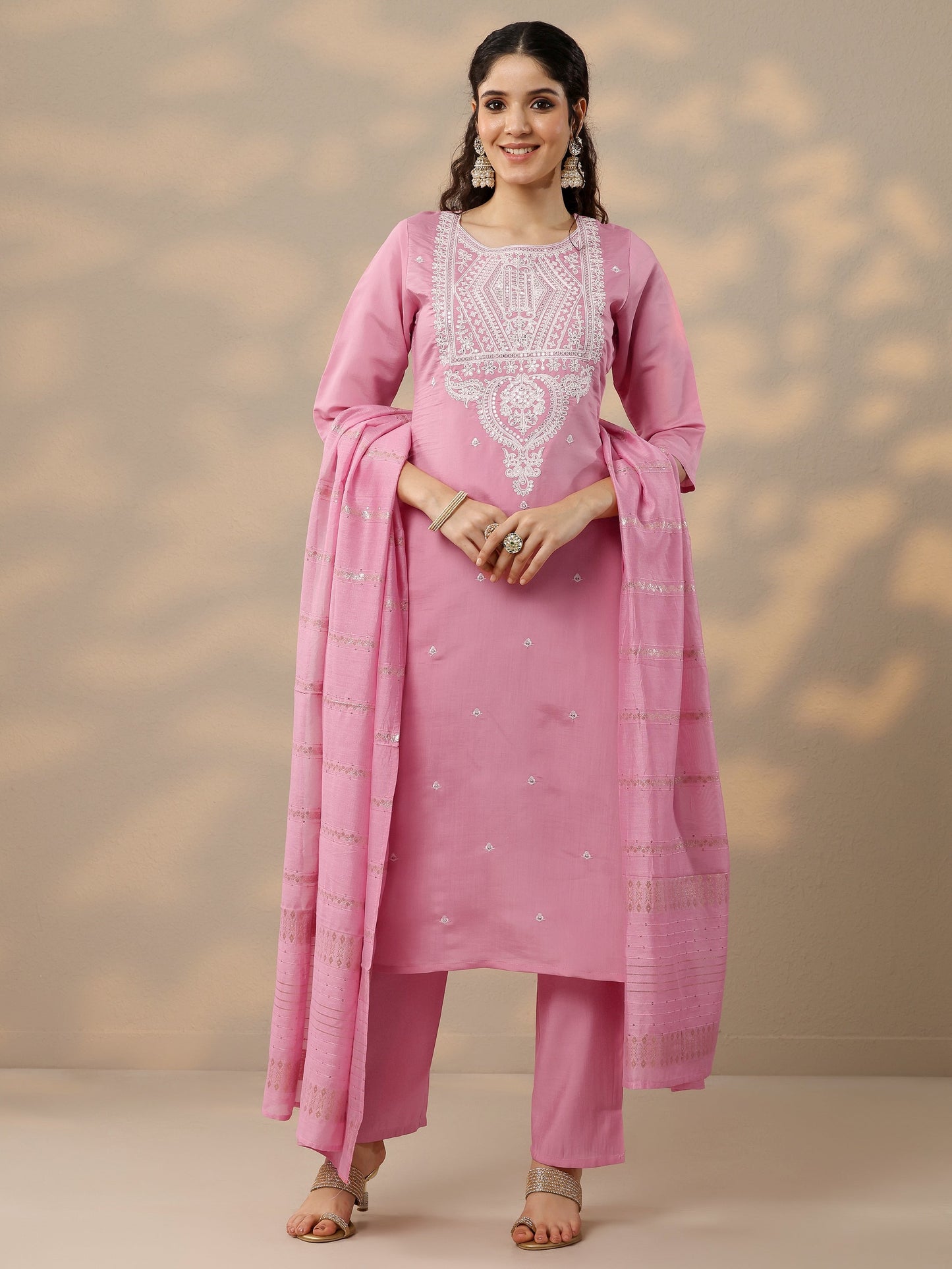 Pink Embroidered Silk Blend Straight Suit Set With Dupatta
