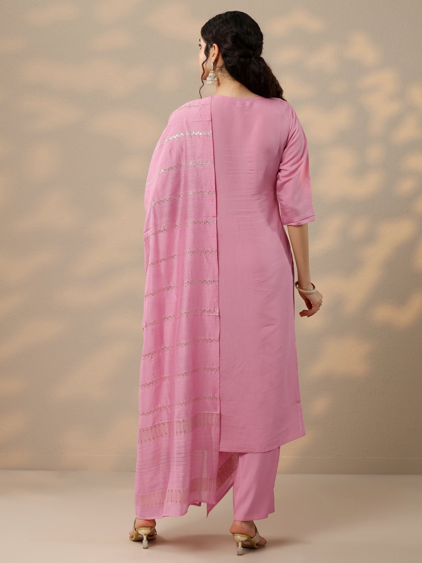 Pink Embroidered Silk Blend Straight Suit Set With Dupatta
