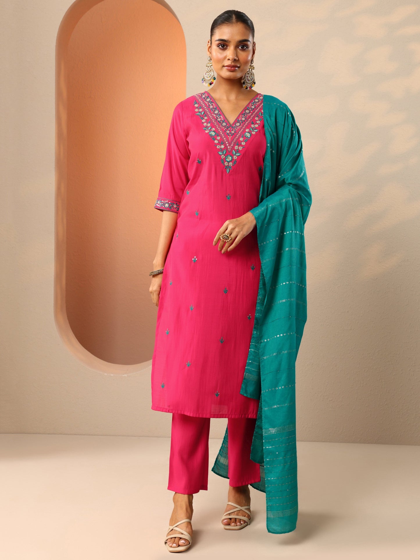 Red Embroidered Silk Blend Straight Suit Set With Dupatta