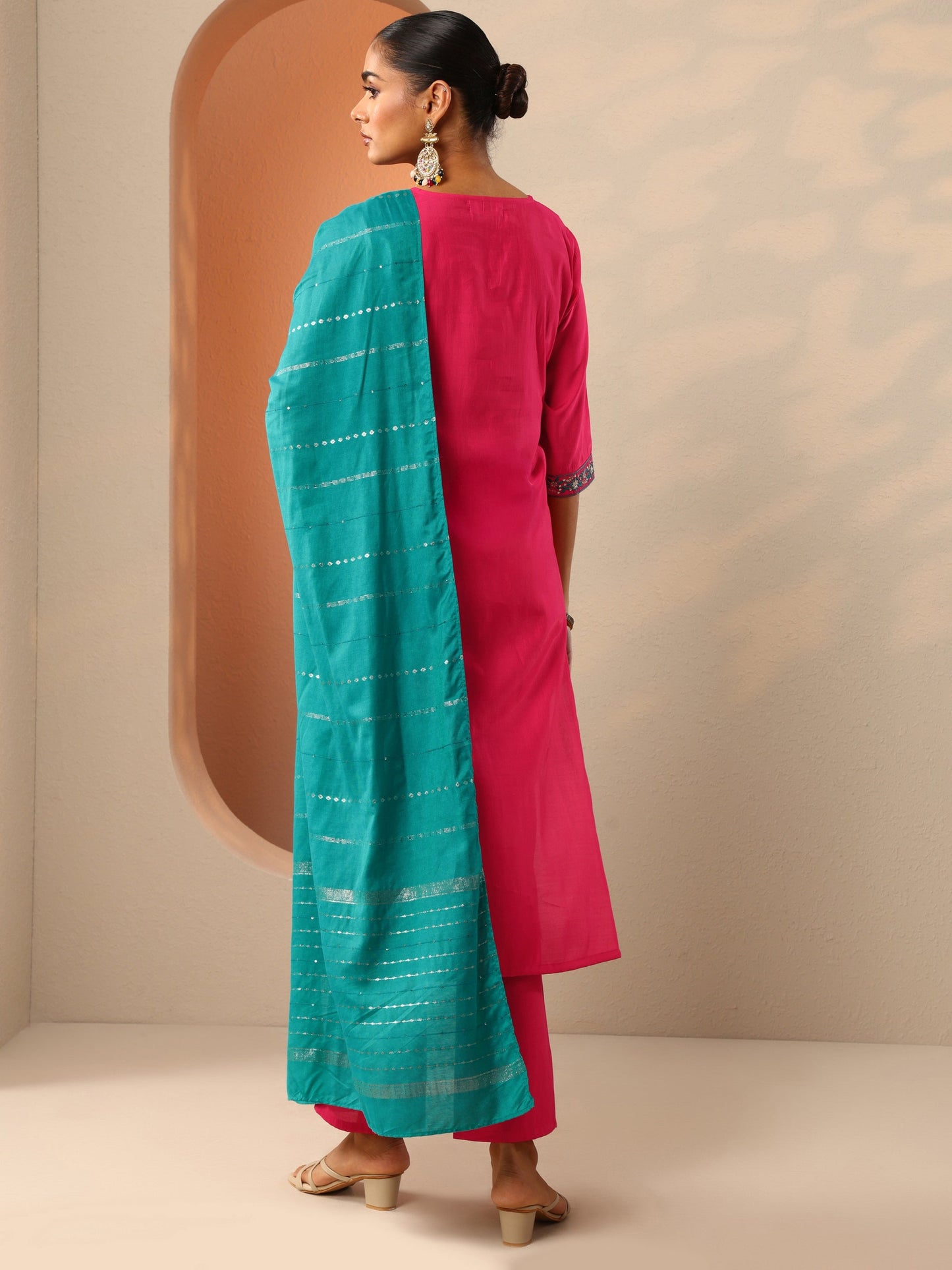 Red Embroidered Silk Blend Straight Suit Set With Dupatta