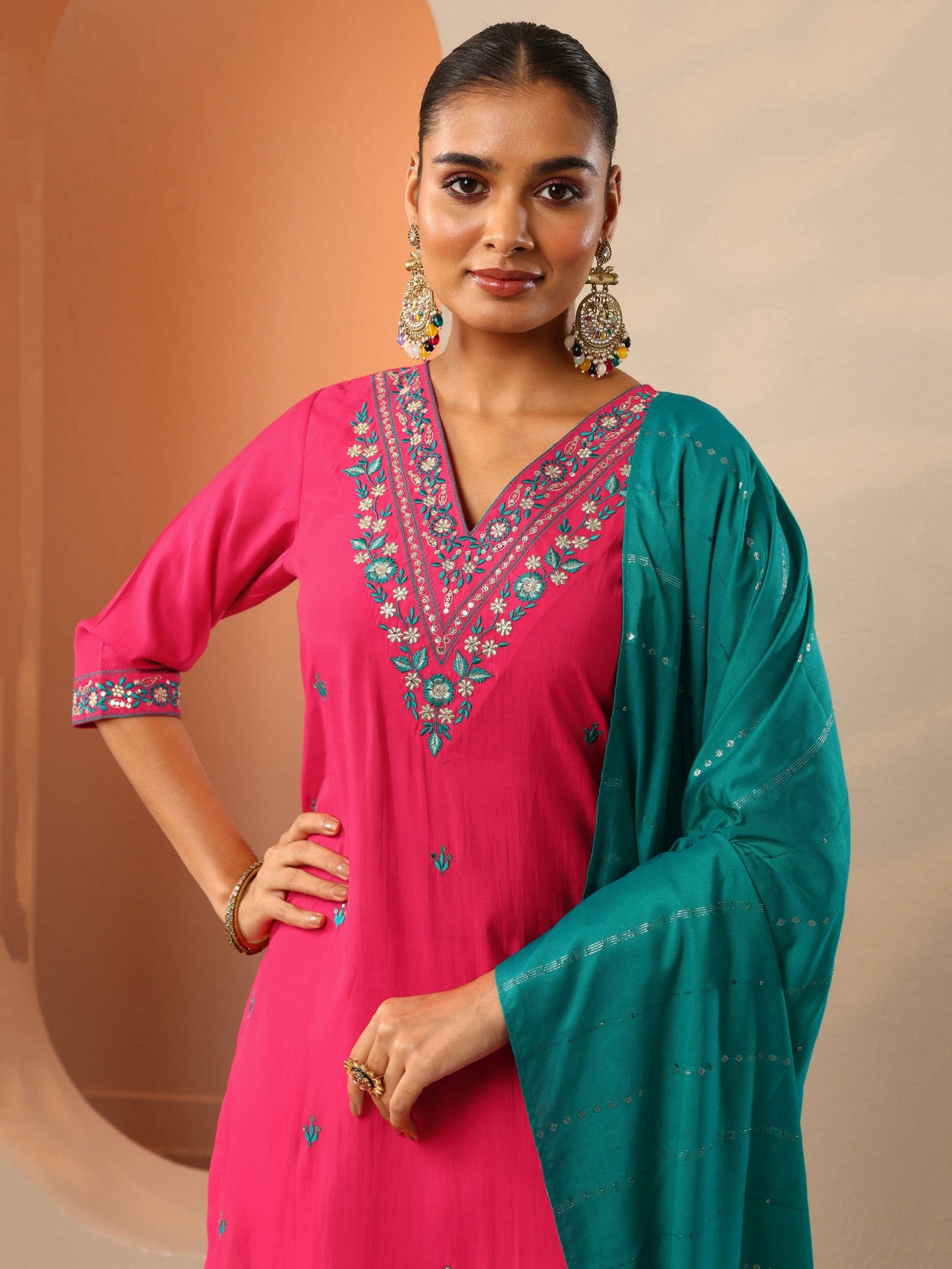 Red Embroidered Silk Blend Straight Suit Set With Dupatta