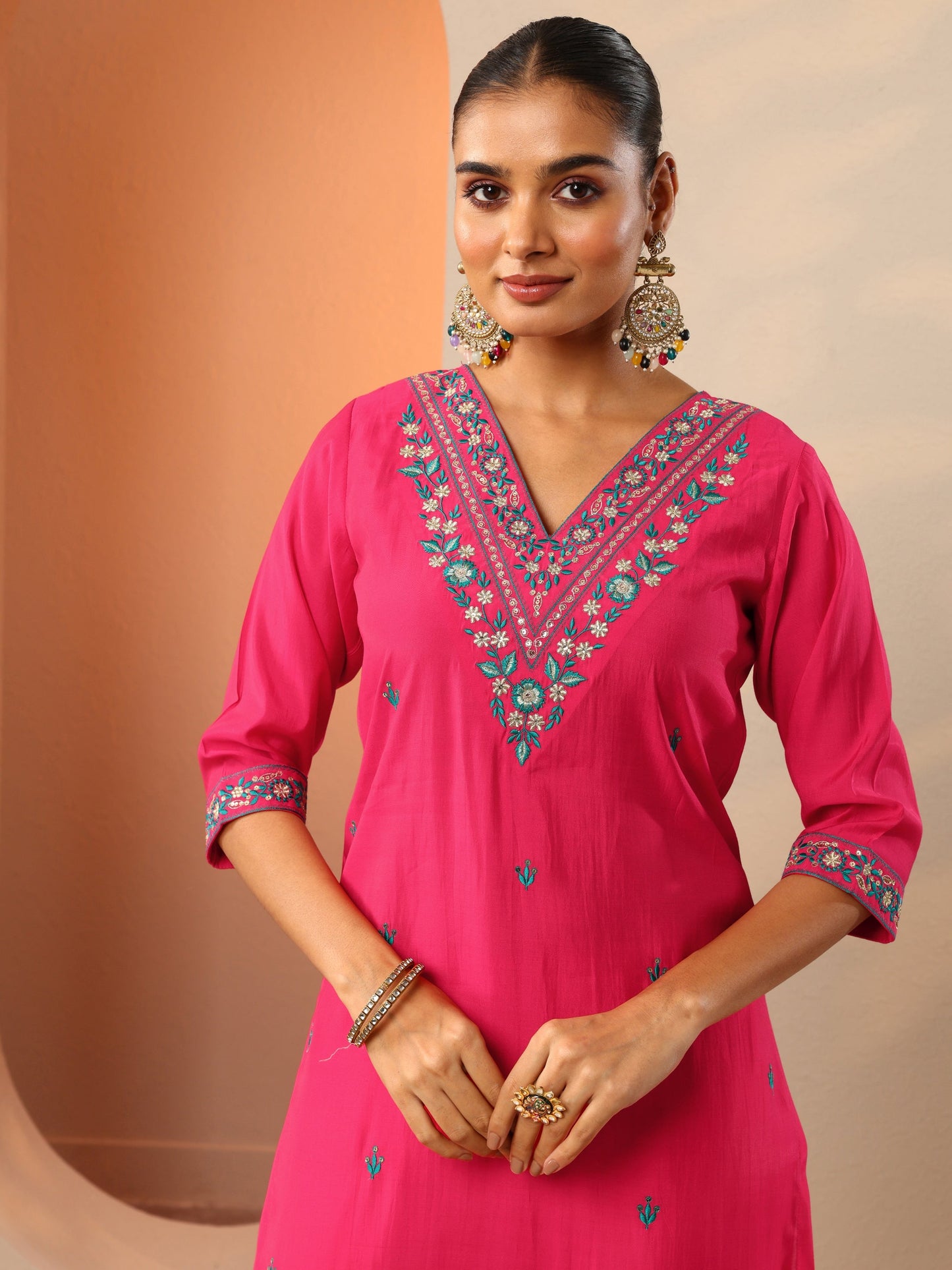 Red Embroidered Silk Blend Straight Suit Set With Dupatta