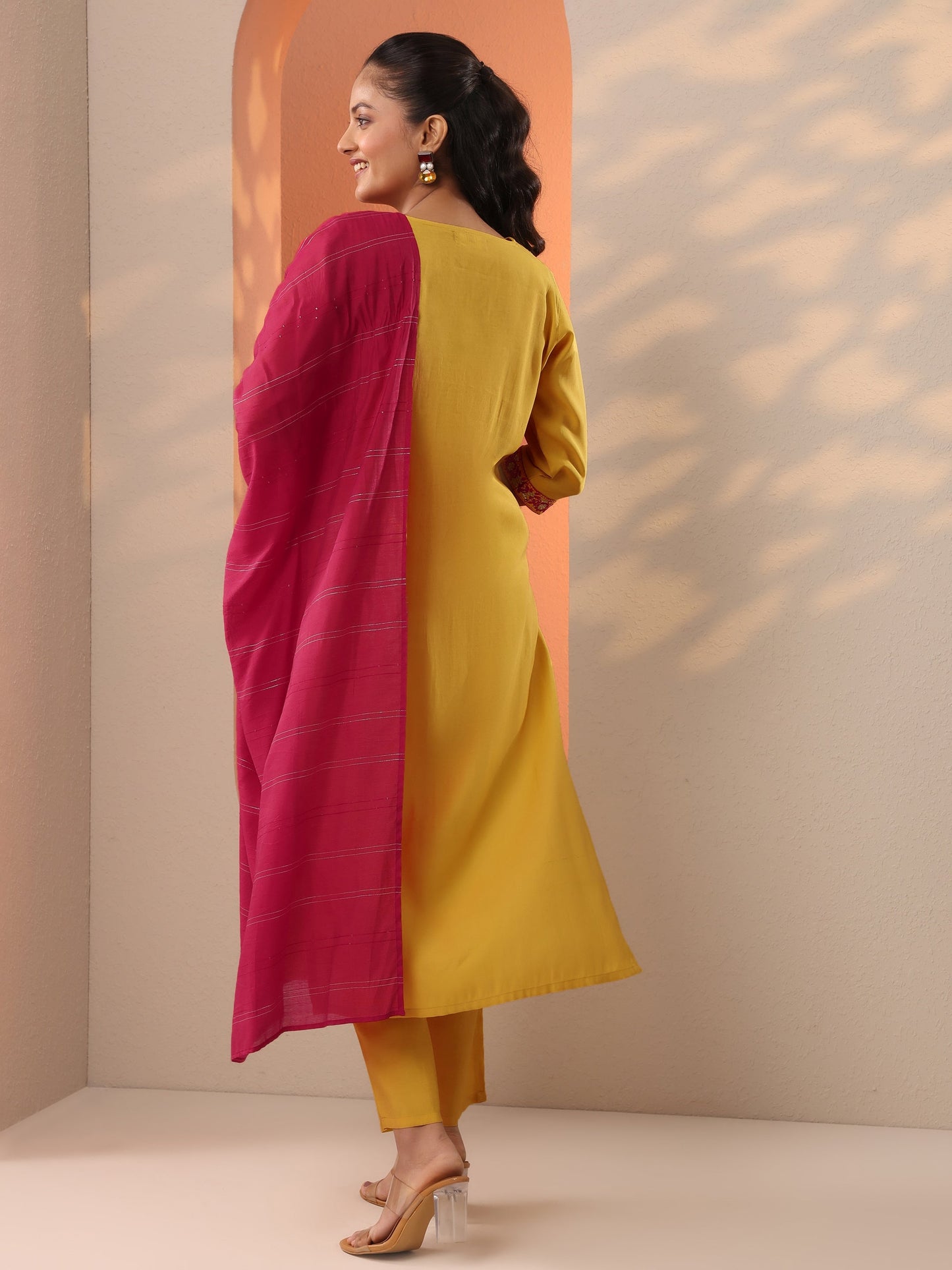 Yellow Embroidered Silk Blend Straight Suit Set With Dupatta