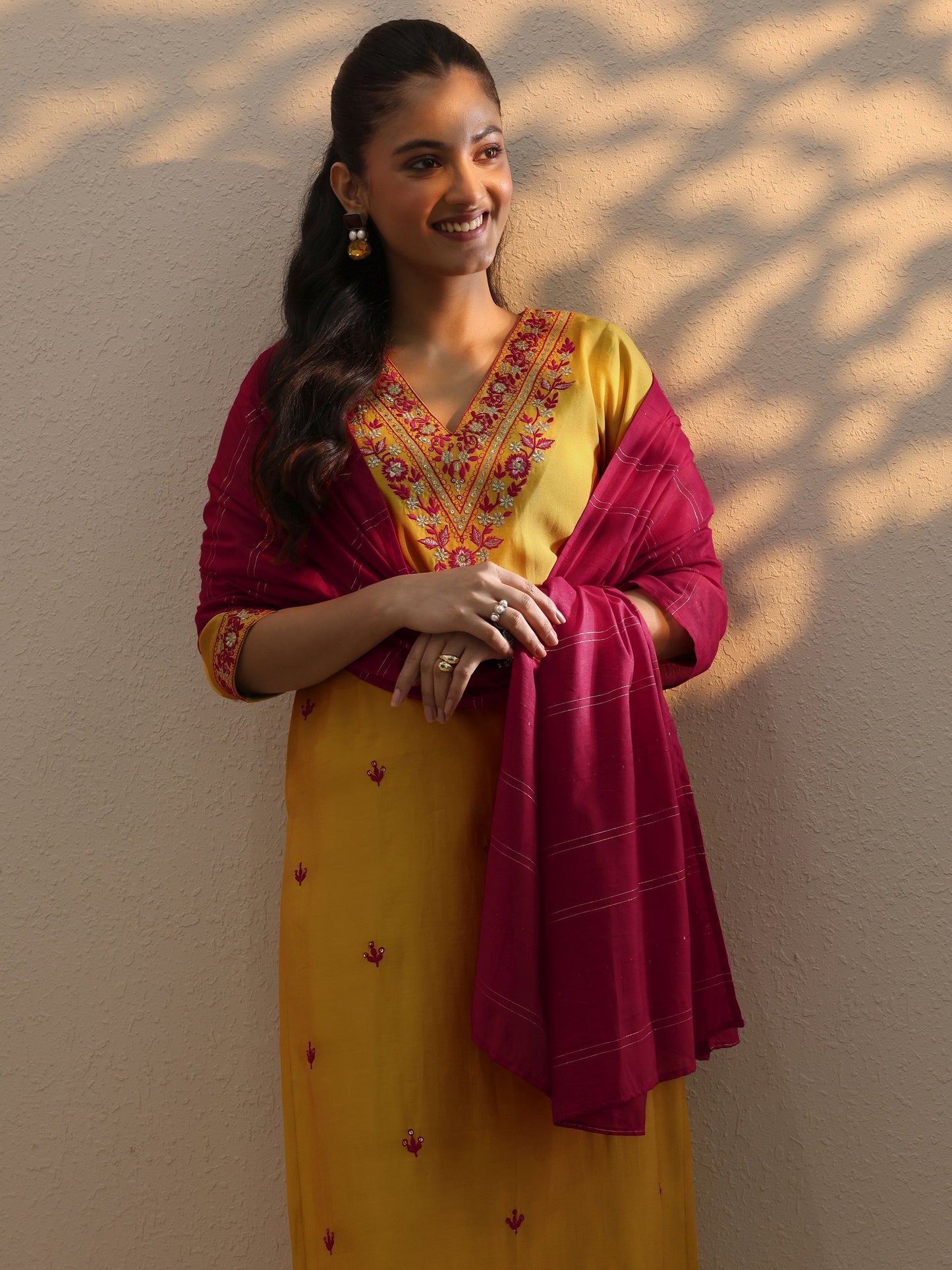 Yellow Embroidered Silk Blend Straight Suit Set With Dupatta