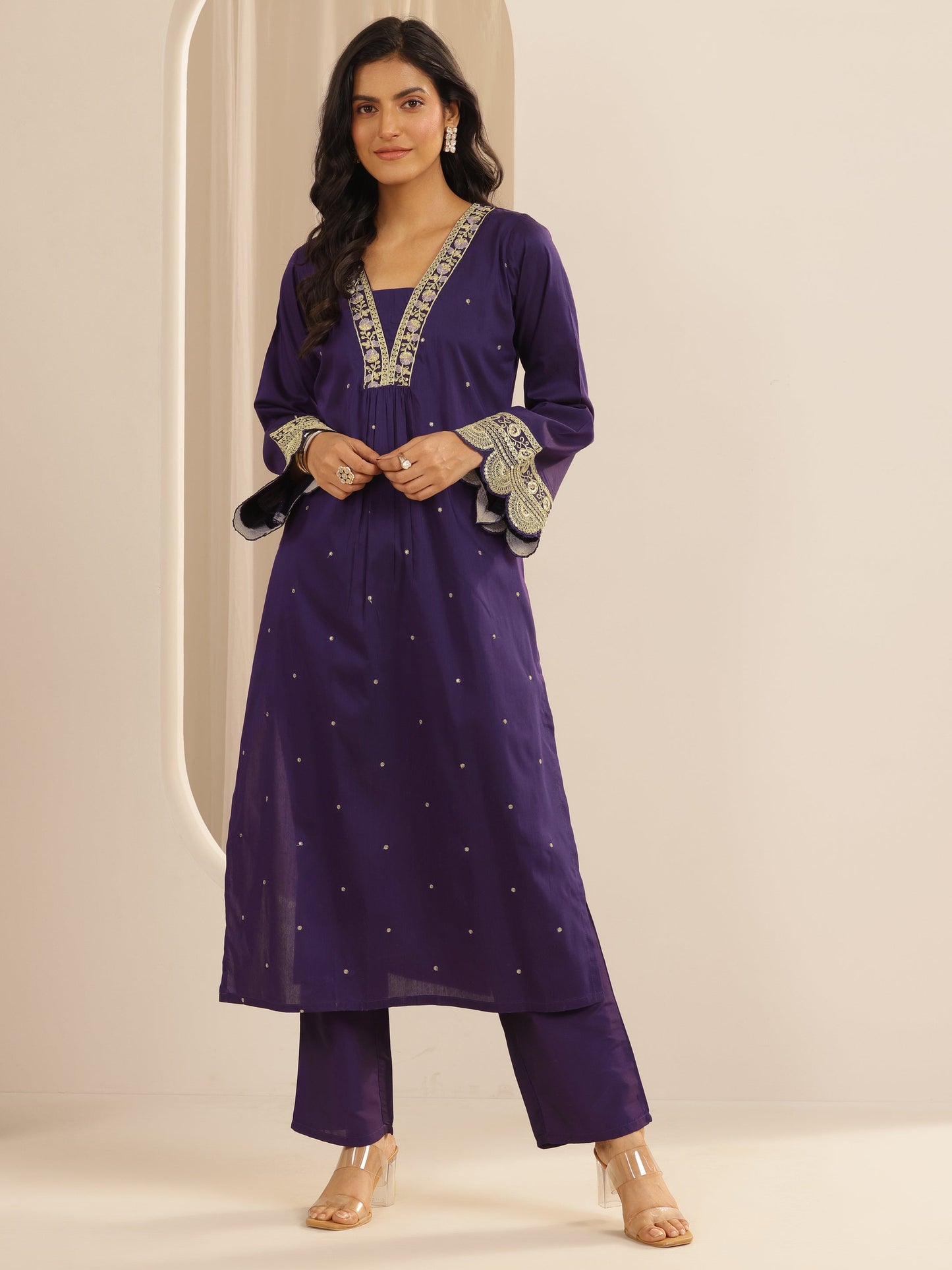 Purple Embroidered Silk Blend A-line Kurta Set