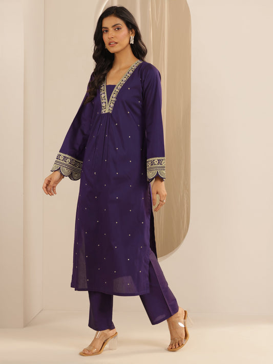 Purple Embroidered Silk Blend A-line Kurta Set