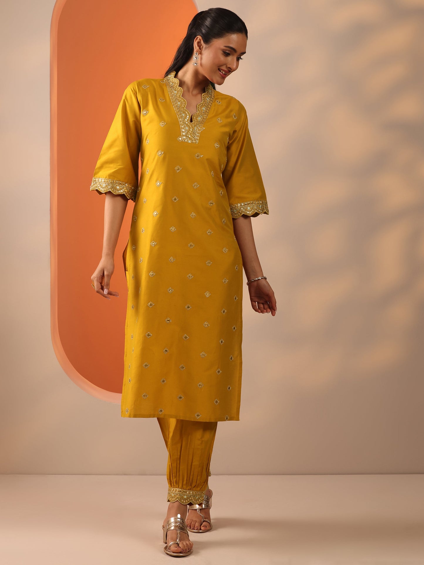 Mustard Embroidered Silk Blend Straight Kurta Set