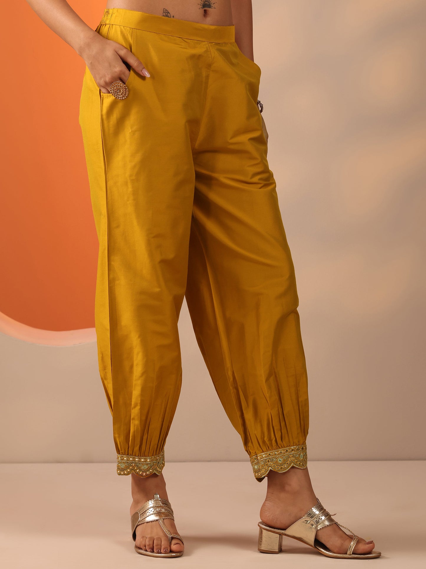 Mustard Embroidered Silk Blend Straight Kurta Set