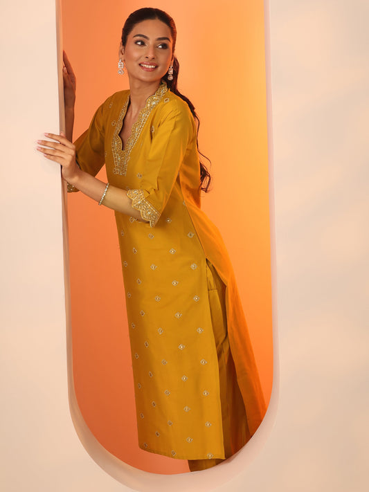 Mustard Embroidered Silk Blend Straight Kurta Set