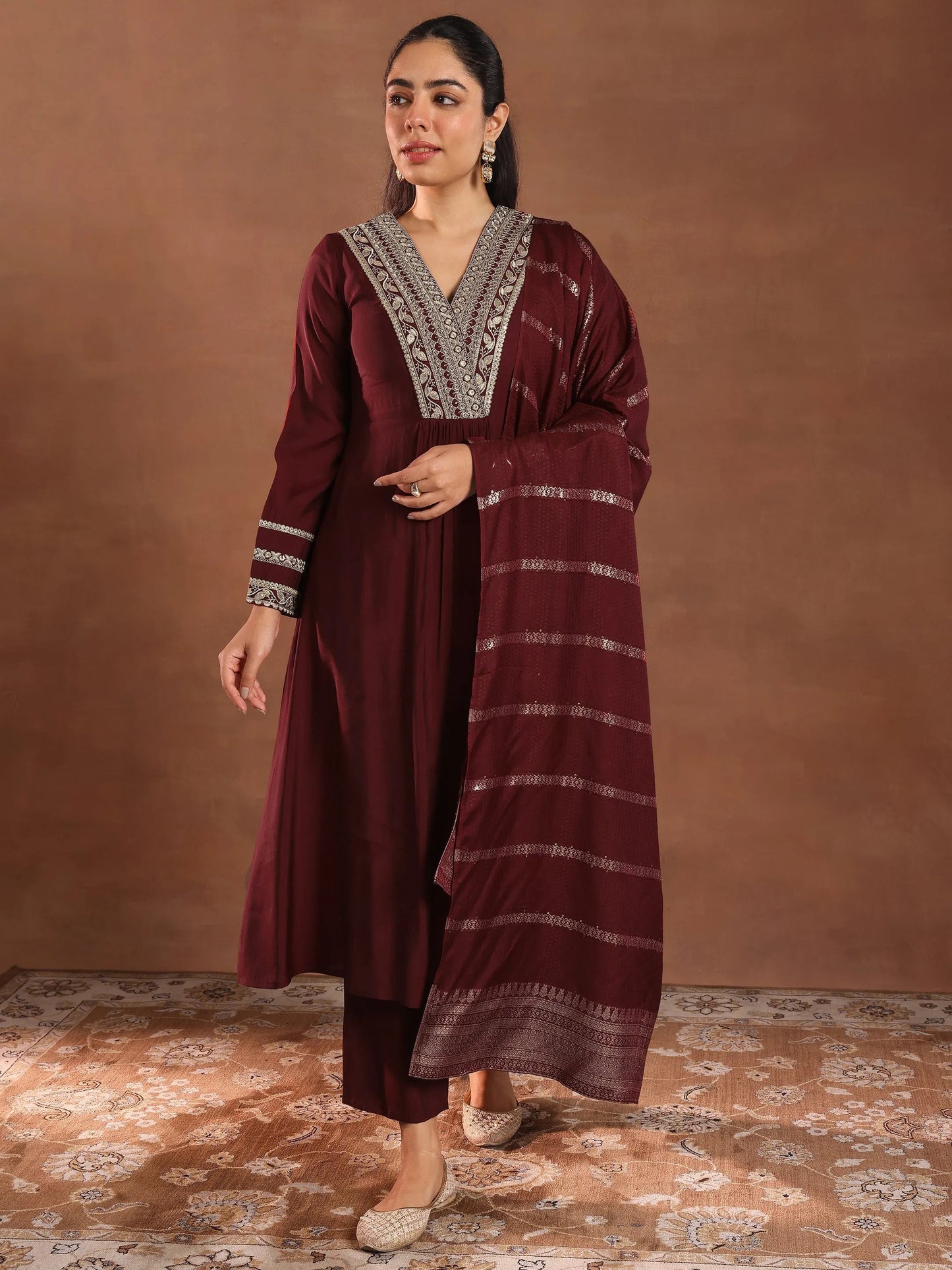 Maroon Embroidered Silk Blend A-Line Suit Set With Dupatta