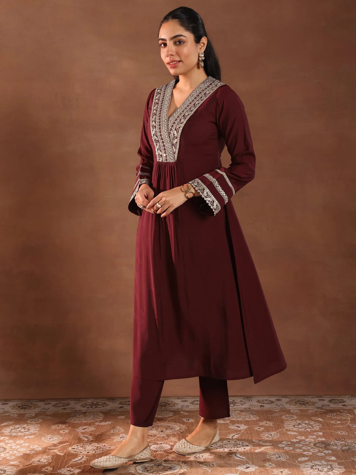 Maroon Embroidered Silk Blend A-Line Suit Set With Dupatta