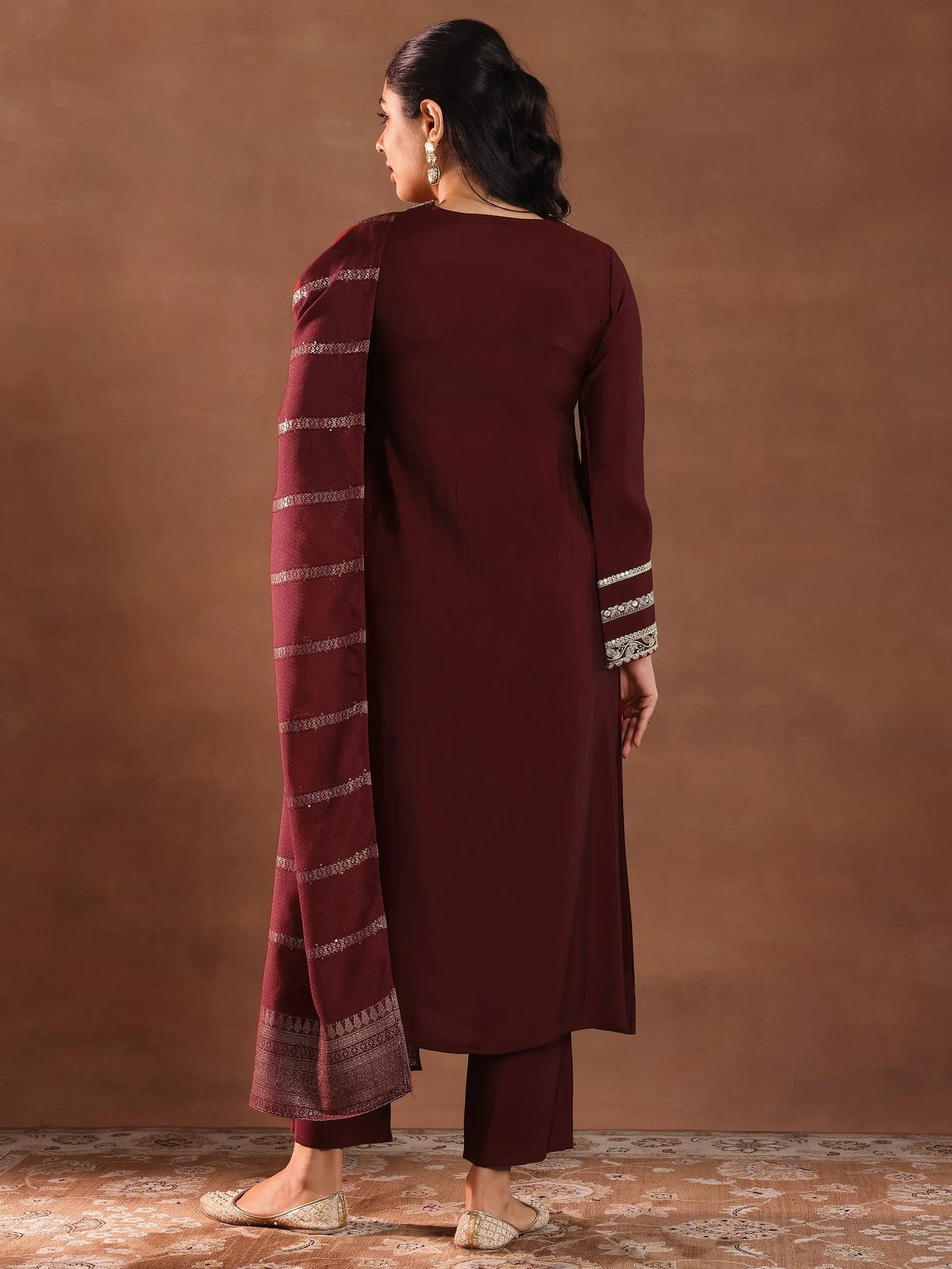 Maroon Embroidered Silk Blend A-Line Suit Set With Dupatta