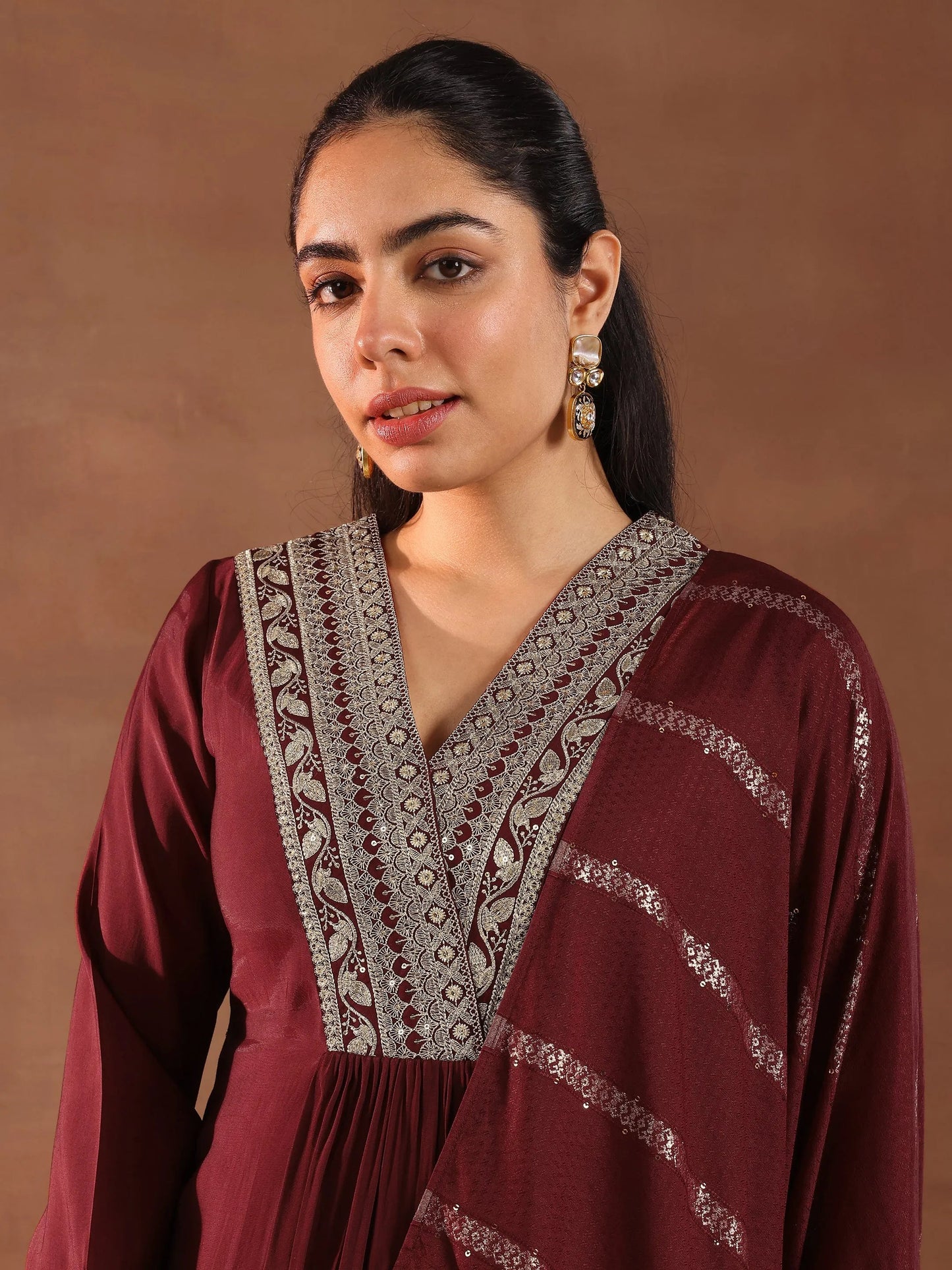 Maroon Embroidered Silk Blend A-Line Suit Set With Dupatta
