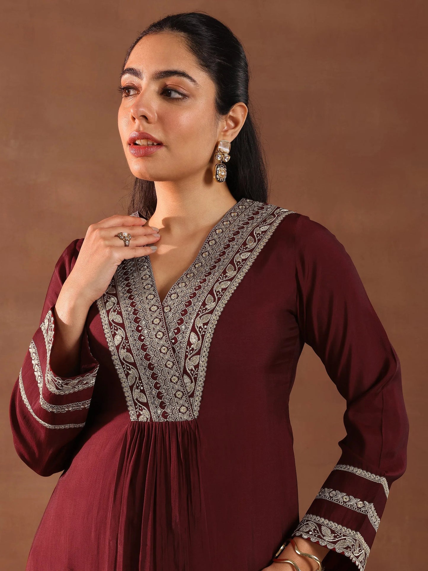Maroon Embroidered Silk Blend A-Line Suit Set With Dupatta