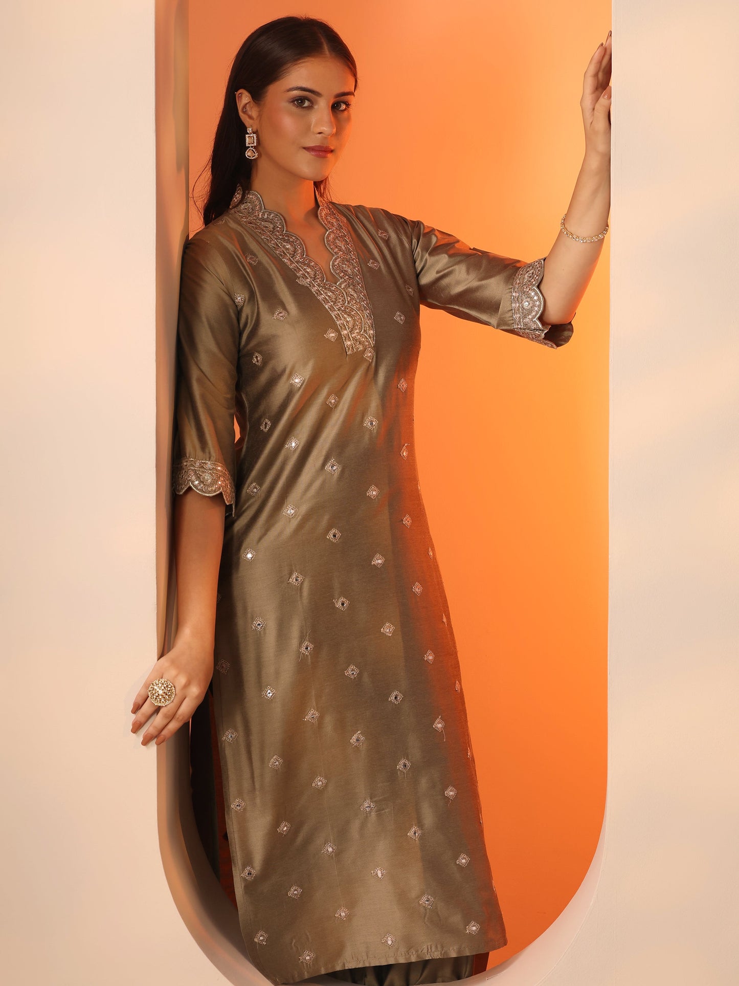 Brown Embroidered Silk Blend Straight Kurta Set