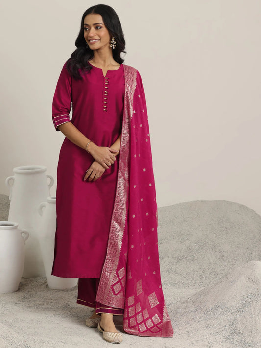 Pink Solid Silk Blend Straight Suit With Dupatta