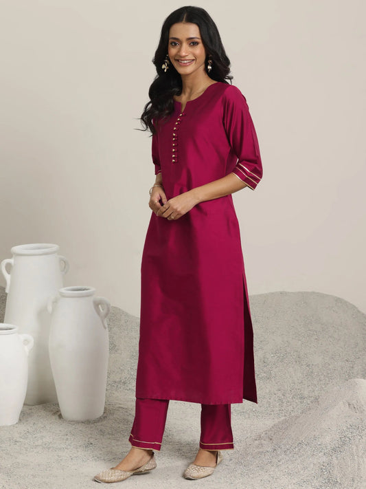 Pink Solid Silk Blend Straight Suit With Dupatta